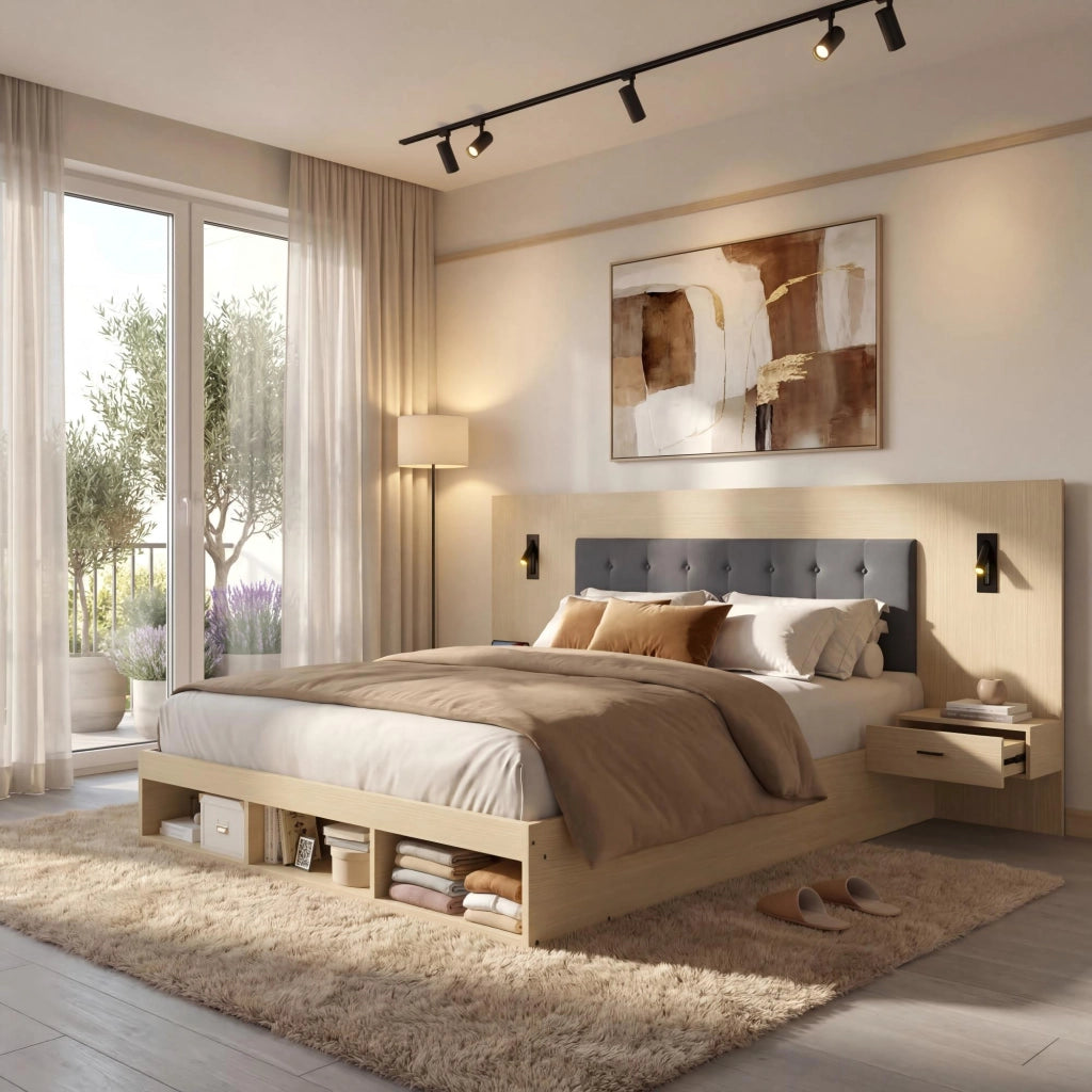 LETTO 160x200 cm con 2 comodini, MDF, Quercia Chiara