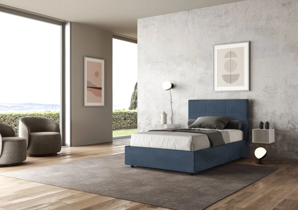 BS COM Letto una piazza e mezza con rete imbottito 120x200 microfibra blu
