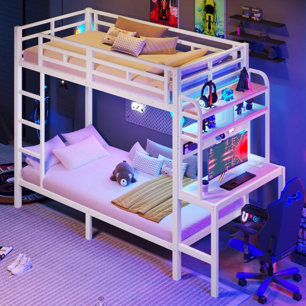 LETTO a castello 90x200 cm Metallo e MDF Bianco con scrivania e LED