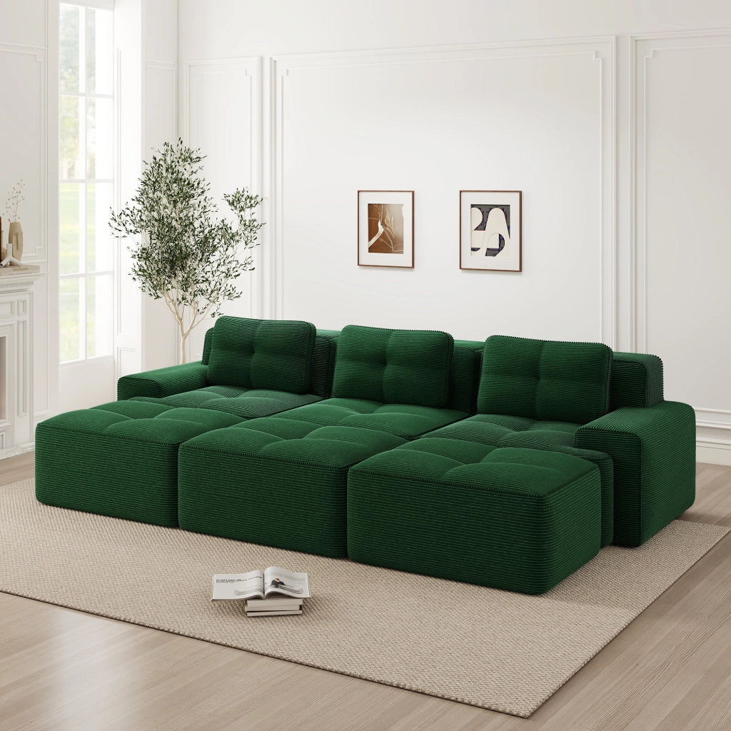 Divano Angolare Modulare 3 Posti con Pouf ¨C Xylo ¨C Verde, Tessuto a Coste, con Funzione Letto