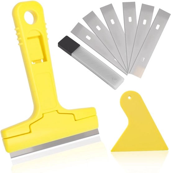 Set di utensili con 10 lame, scheggiatrice + spatola miniatura, rimuovitore di carta da parati, scheggiatrice per vetri, campo ceramico, scheggiatrice per pulizia, scheggiatrice, attrezzo per la rimozione di carta da parati, scheggiatrice per vernici.