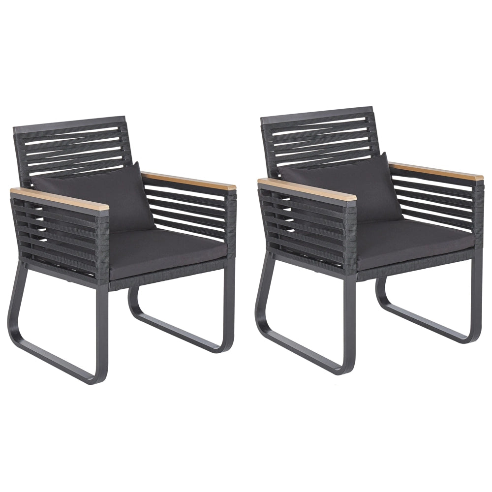Set di 2 Sedie da Pranzo da Giardino Struttura in Metallo Nero con Cuscini in Corda Design Industriale Moderno