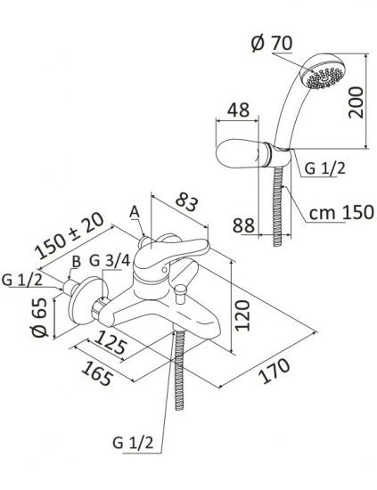 Miscelatore Monocomando per Vasca con accessori - linea Astro 2 - Mariani
