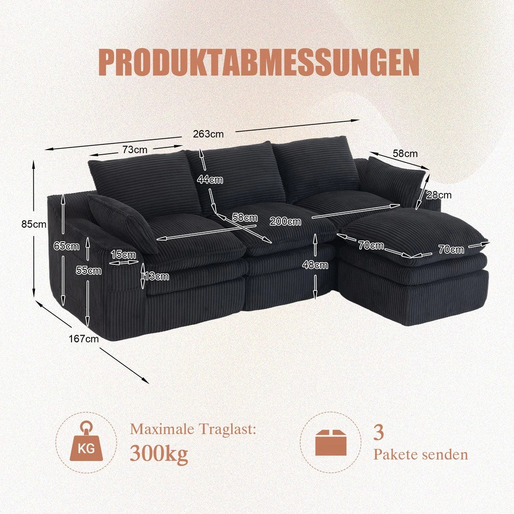Divano modulare 4 posti - Zephmum- Con pouf e tasche laterali, schiuma 3 strati e molle