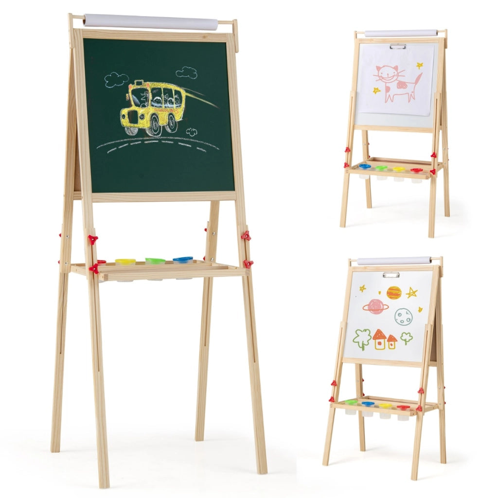Cavalletto 3 in 1 per bambini di 3-10 anni, Cavalletto doppia faccia regolabile con lavagna magnetica Naturale-Cavalletti e lavagne bambini