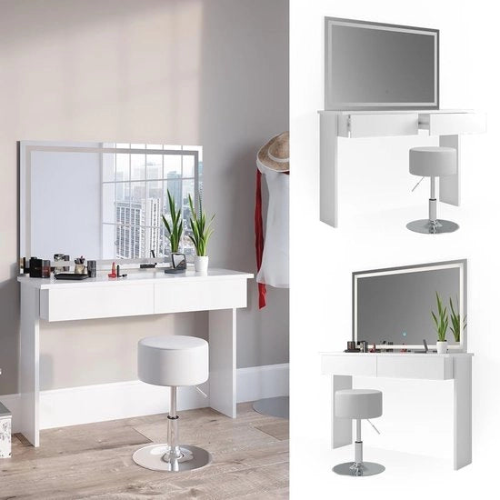 Tavolo da lavoro con specchio LED e sgabello - Bianco 120 cm