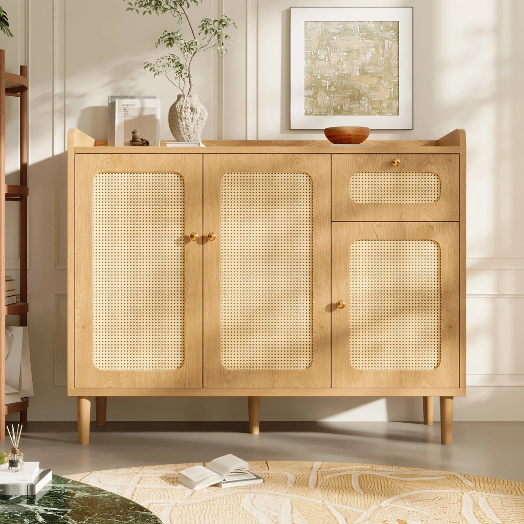 Credenza con 3 ante e cassetto frontali in rattan ripiani regolabili MDF color rovere 120 × 40 × 91 cm