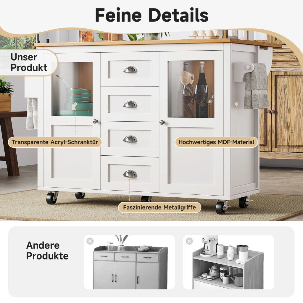 Isola della cucina mobile - Zephmum- 120x73x93 cm, bianco/nero, estraibile con ruote