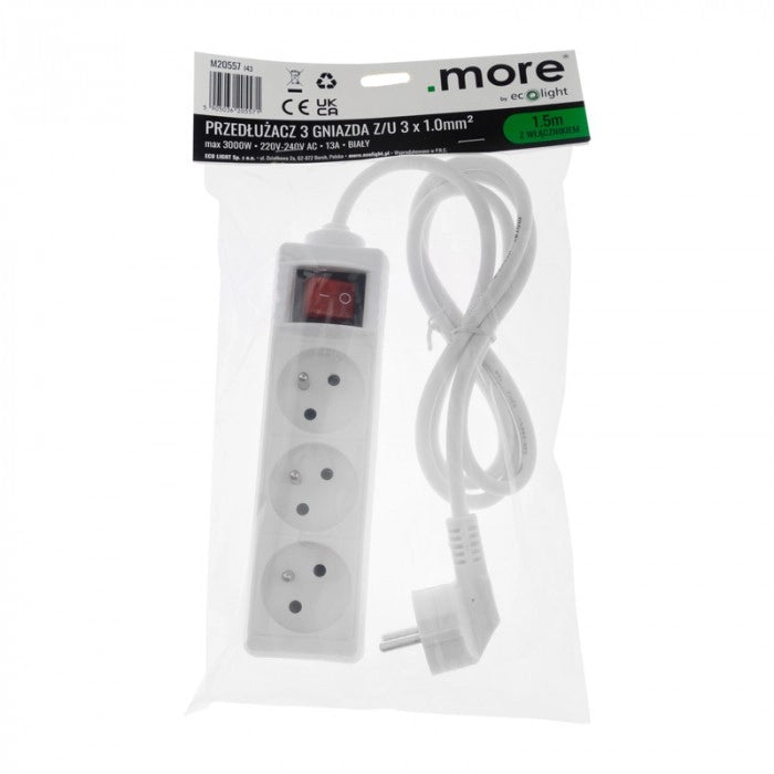 Prolunga elettrica 3 prese 1,5 m bianca Ecolight