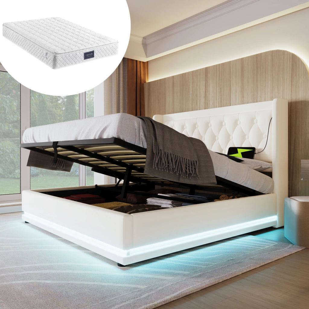 LETTO contenitore 160x200 cm bianco PU con USB Type-C e LED