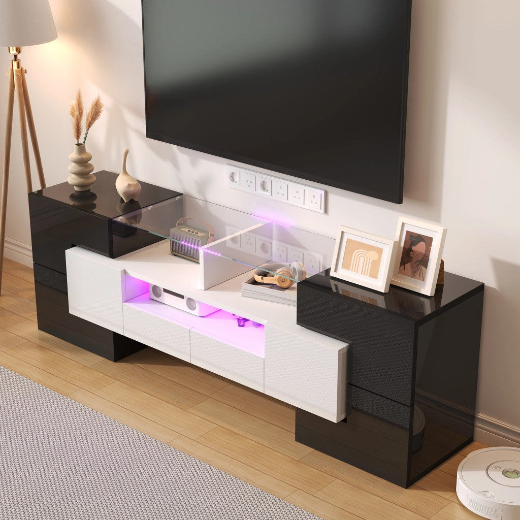 Credenza TV bianco lucido e nero in truciolare 145 cm