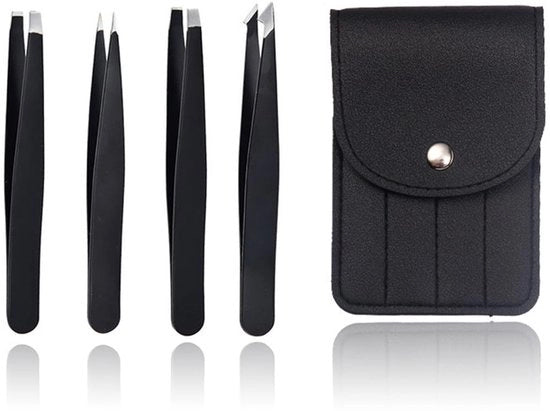 Set di Pinze - 4 Pinze in Acciaio Inossidabile - Pinza per Ciglia/Pinza Precisa - Rivestimento Antiscivolo - Progettazione Ergonomica - Cassetto in Pelle