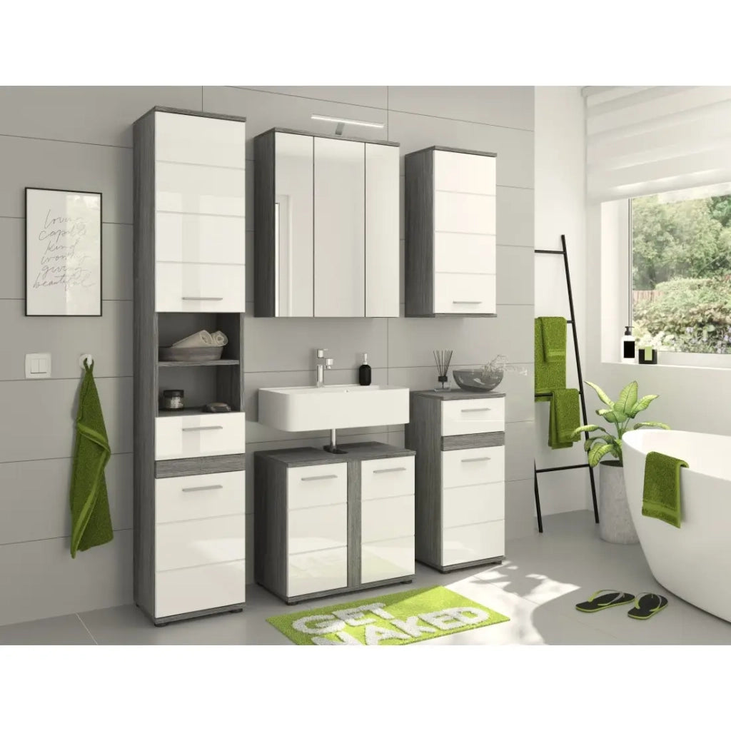 Colonna da bagno WILLIAM 2 porte e 1 cassetto - Bianco e grigio scuro