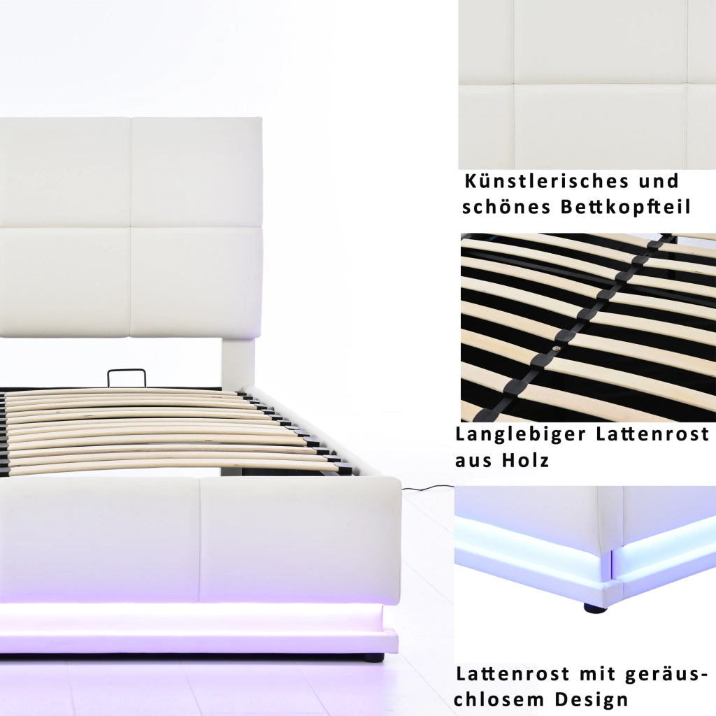 LETTO Contenitore 140x200 cm in pelle bianca con LED