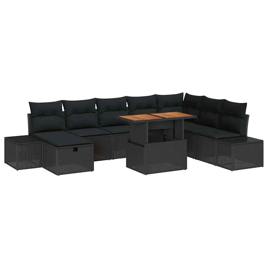 Set Divano da Giardino con cuscino 9 pcs Nero polyrattan