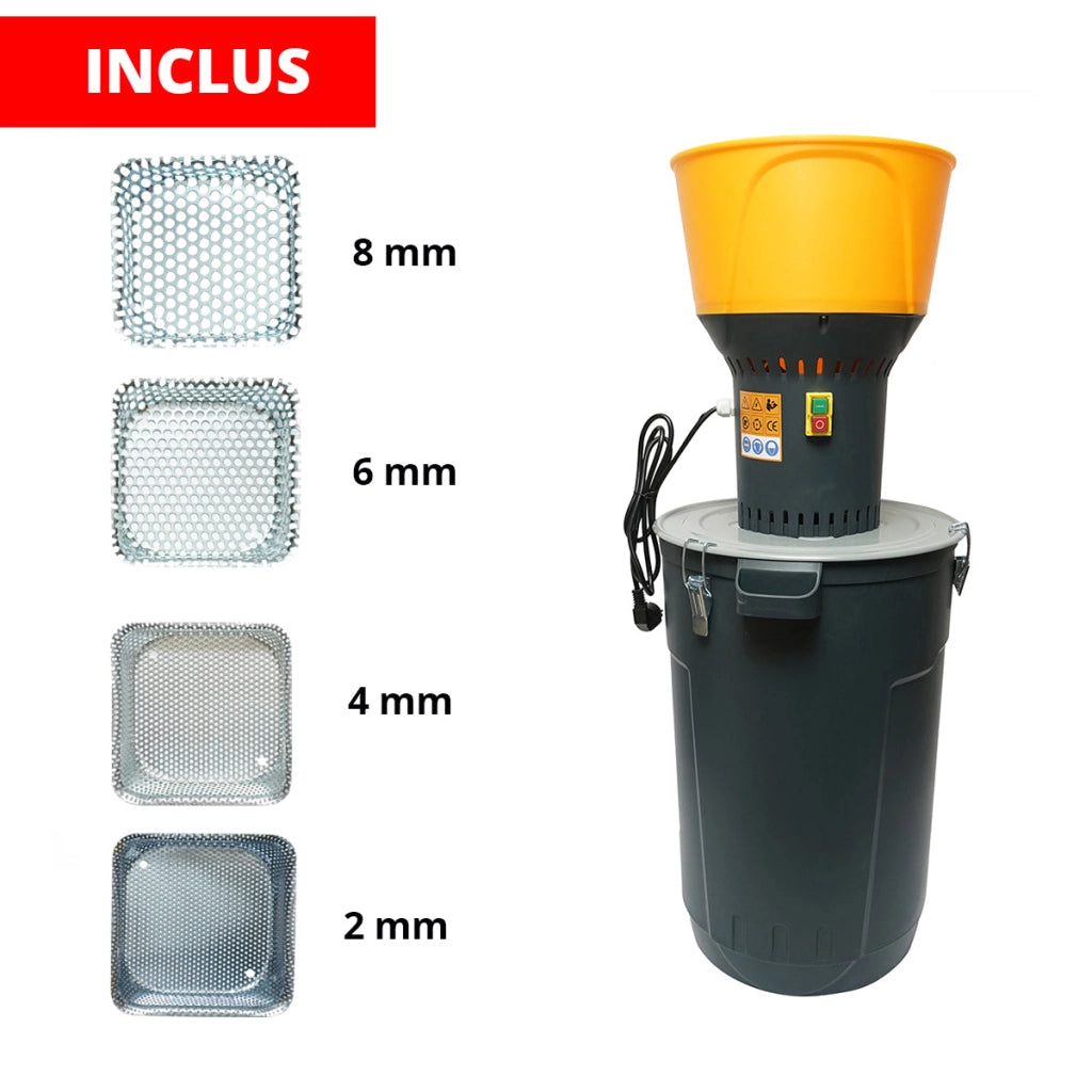 Mulino elettrico per cereali 1,3 KW, 220V, serbatoio 60L, 19000 giri/min, capacità 350 Kg/h, 5 setacci inclusi