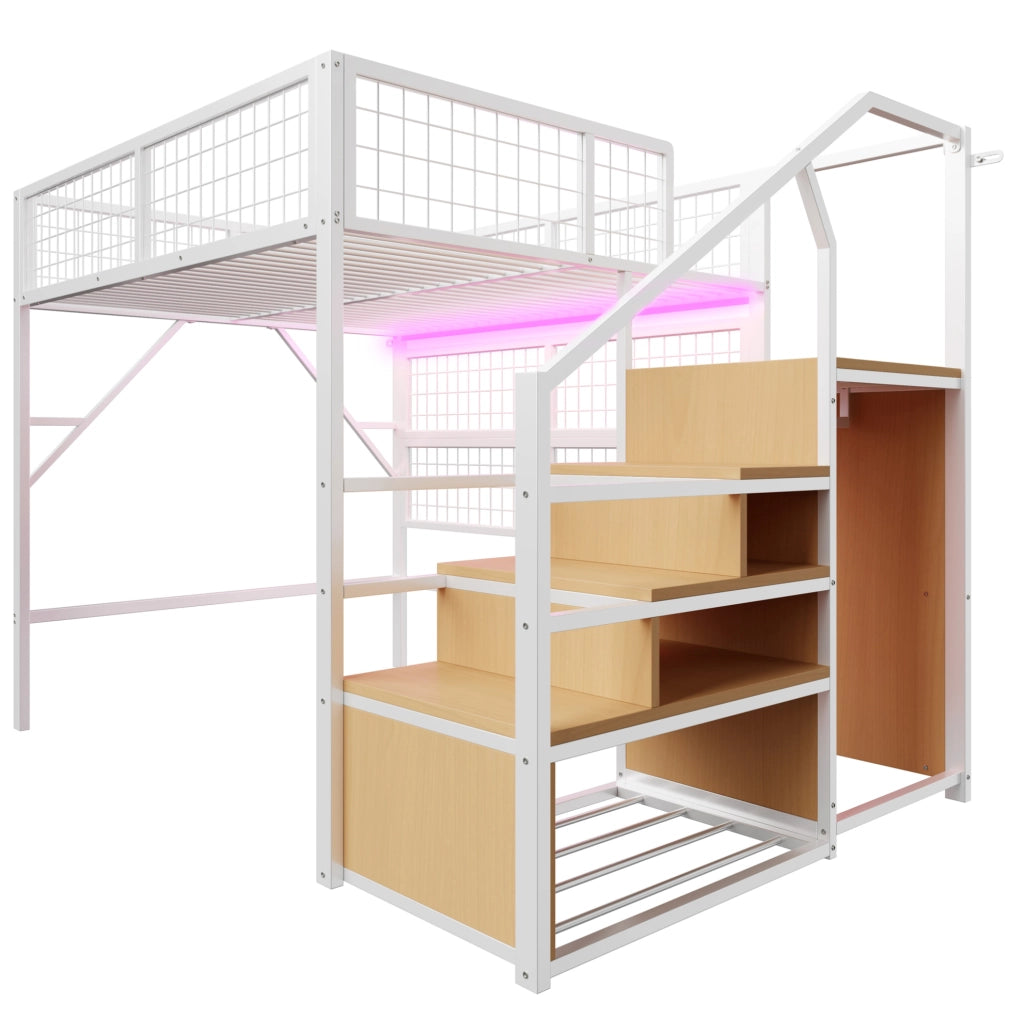 Letto a soppalco in metallo bianco con scala contenitore e LED