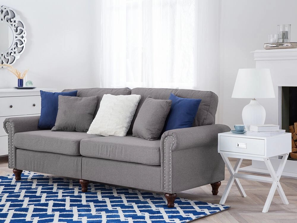 Divano a 3 posti in tessuto grigio stile Chesterfield con schienale basso