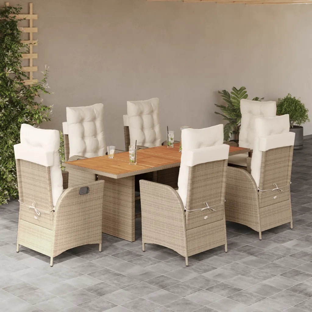 Set da Pranzo da Giardino 7 pz con Cuscini Beige in Polyrattan