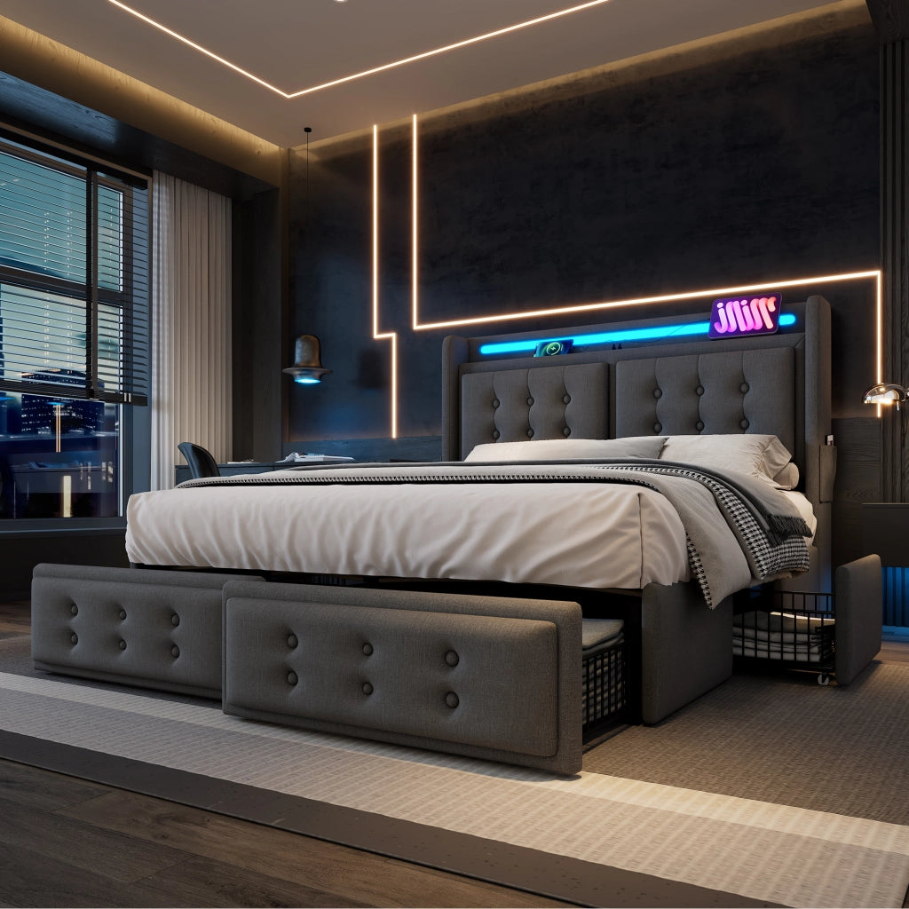 LETTO 160x200 cm con LED, USB/Type-C, 4 cassetti, tessuto grigio
