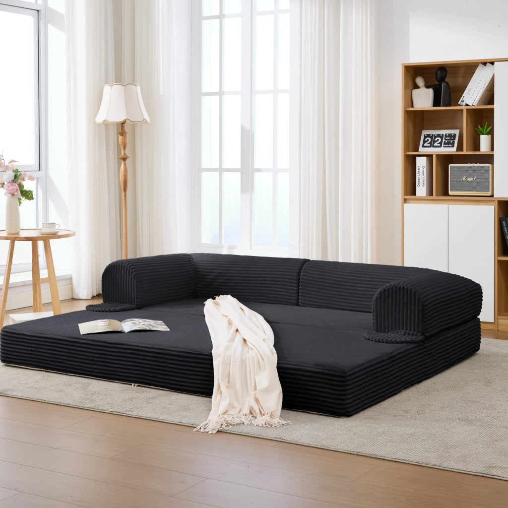 Divano Letto 2 Posti Convertibile in Tessuto A Righe, Beige