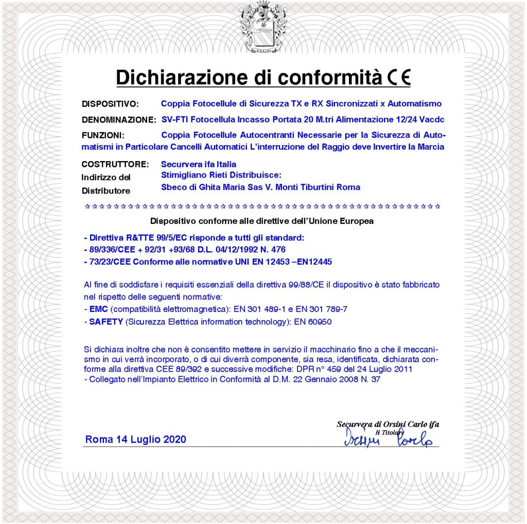 Fotocellule TX e RX da Incasso Sicurezza e Controllo Cancello Elettrico Automatico Portata 20 Metri Montaggio a Parete Oppure su Palina Alimentazione 12/24 Vac