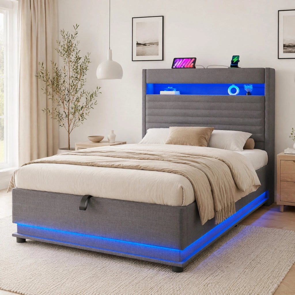 LETTO contenitore 90x200 cm in lino grigio con LED e USB Type-C