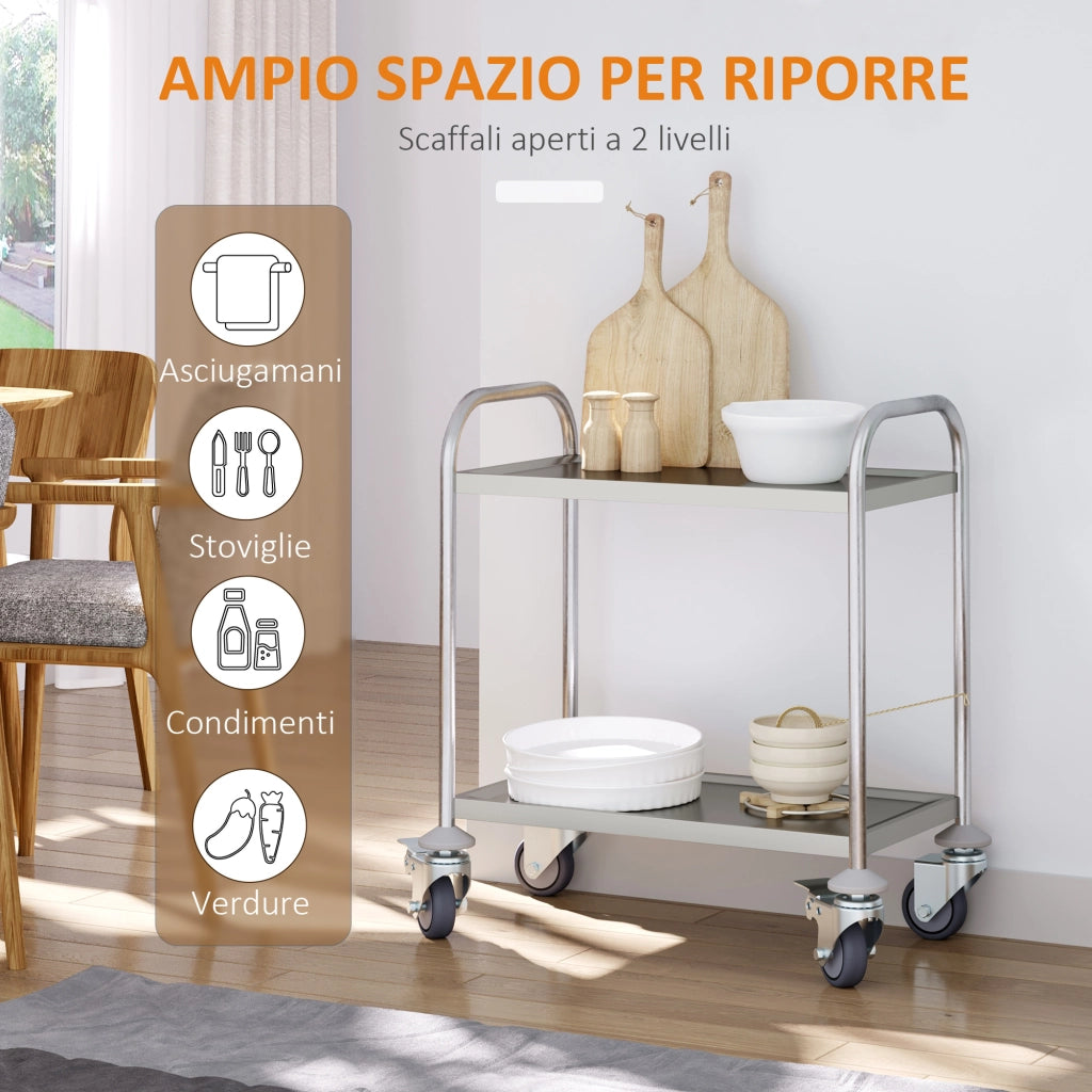 Carrello Cucina 2 Ripiani con Ruote ¨C Xylo ¨C Acciaio Inox 80x45x82cm Argento