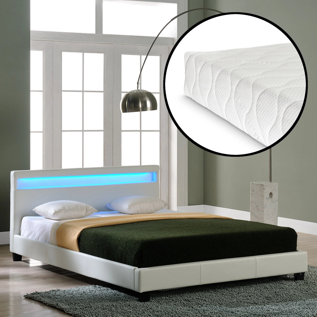 Letto Matrimoniale con Materasso 160x200 cm Testiera Alta con Illuminazione a LED Similpelle - Bianco Corium