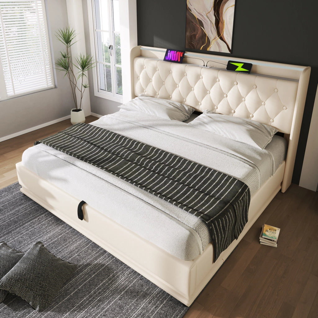 LETTO Contenitore 160x200 cm in PU Bianco con LED e USB Type-C