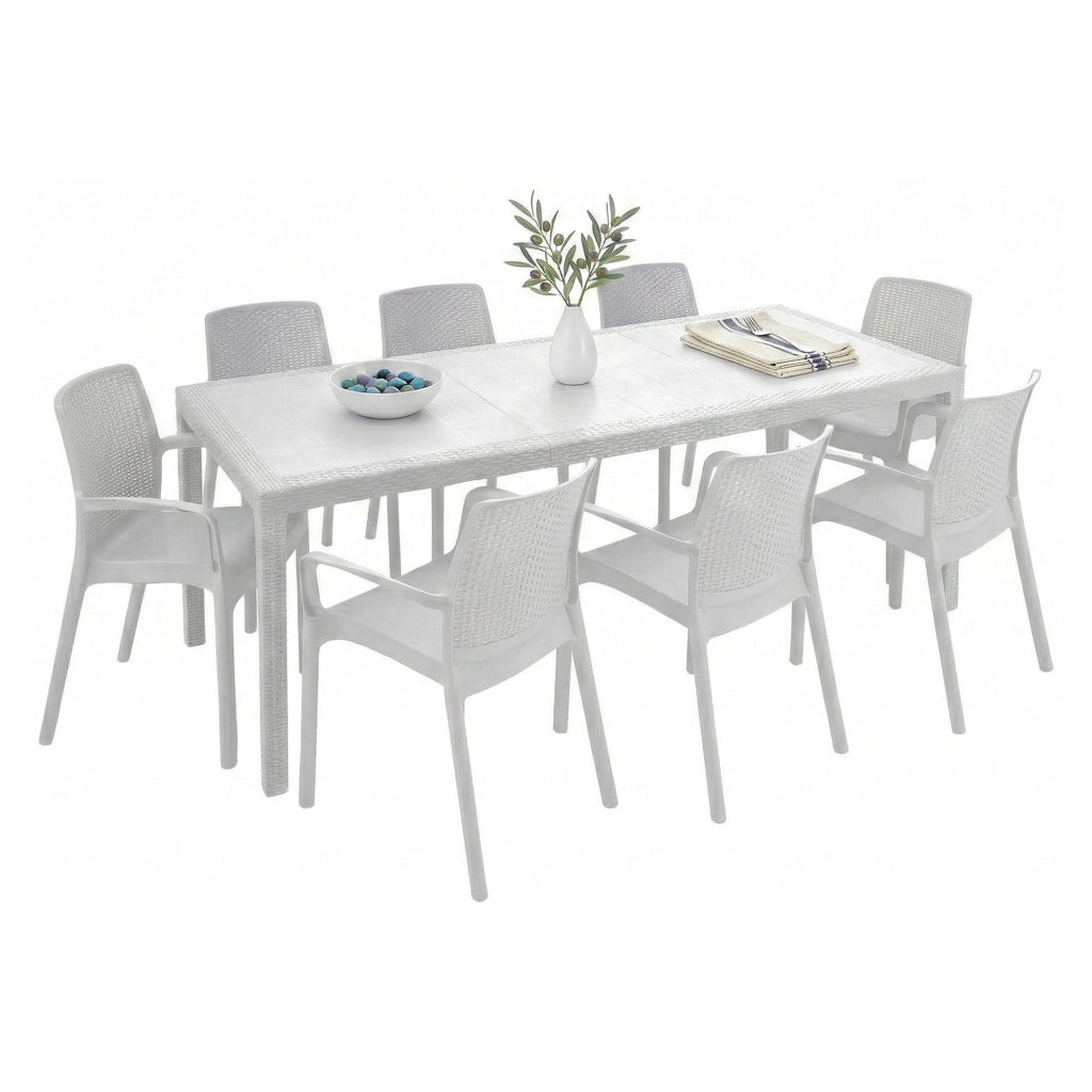 Set salotto da esterno Arret, Salottino outdoor, Tavolo rettangolare allungabile con 8 sedie con braccioli, Made in Italy, Bianco