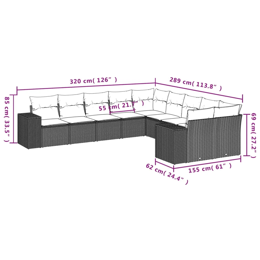 Set Divani da Giardino 10pz con Cuscini in Polyrattan Nero 3223104