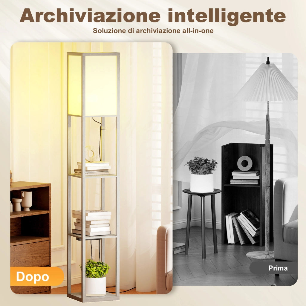 Lampada da Terra con Ripiani e USB ¨C Minimal ¨C Bianco e Rovere