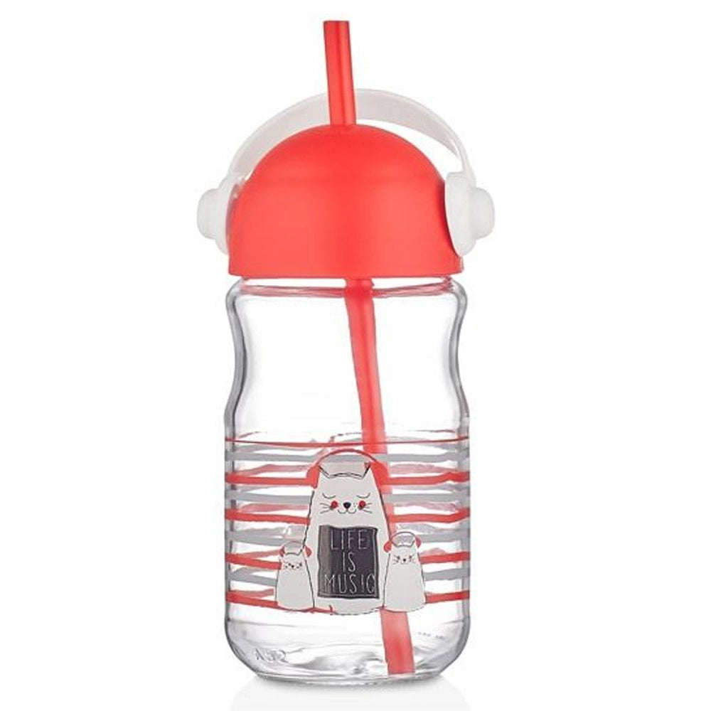 Trade Shop - Bicchiere In Vetro Con Cannuccia Bambini Con Coperchio E Manico Colorato 370 Cc -
