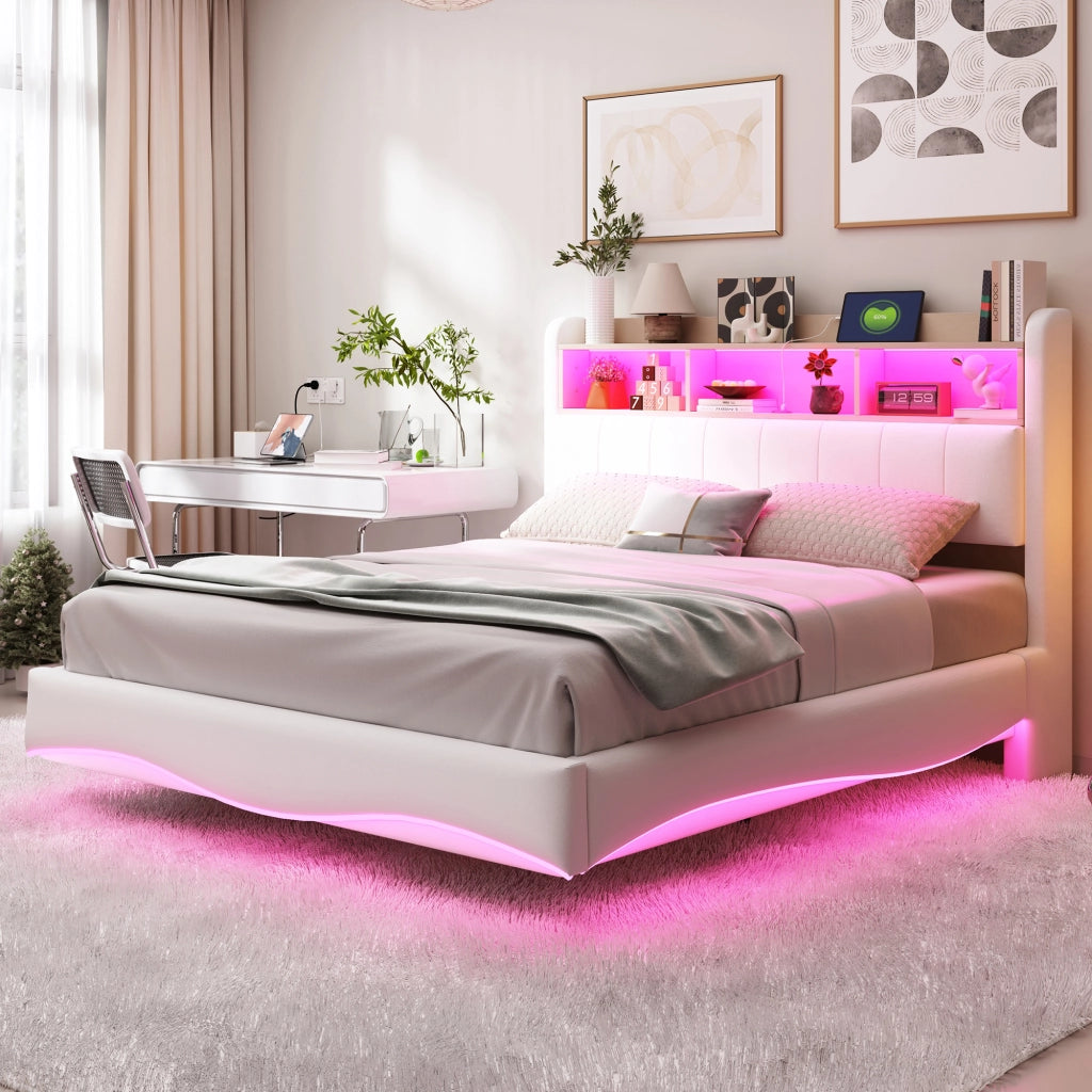 Letto imbottito sospeso 140x200 cm con LED, porte USB e Type-C, contenitore testiera, beige