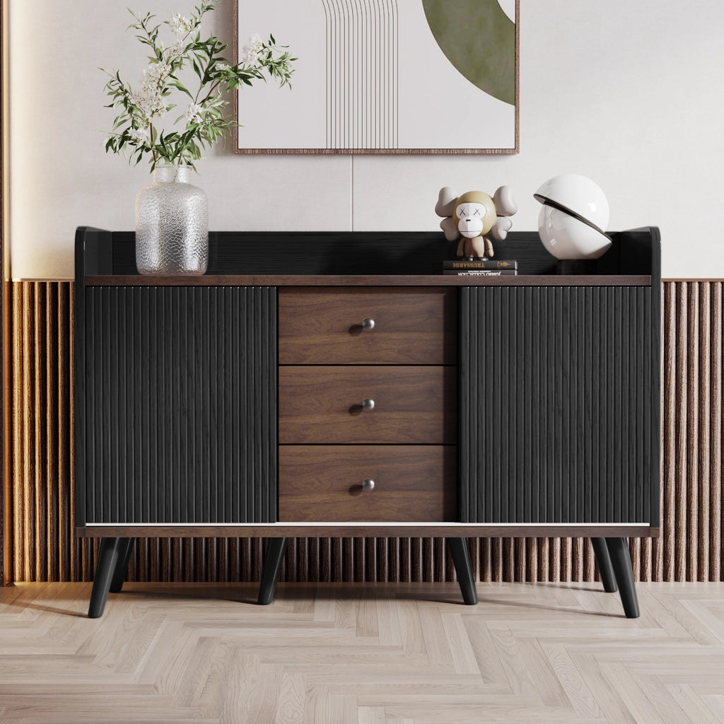 OKWISH Credenza con 2 Ante Scorrevoli e 3 Cassetti, Ripiani Regolabili, per Soggiorno o Ingresso, Nero 117,5×40×80 cm