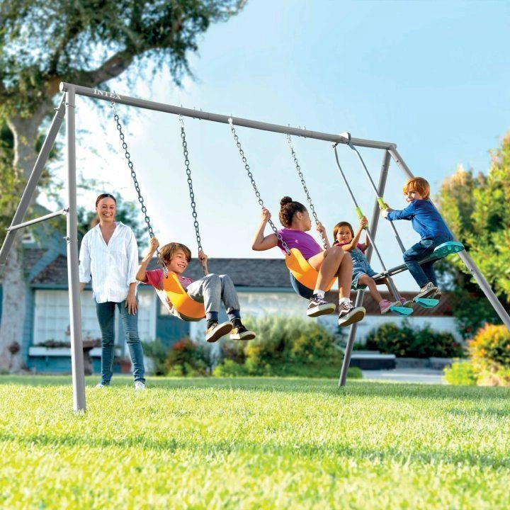 Intex 44123 Set Altalena da Giardino 3 Funzioni Dondolo e 2 Altalene Regolabili Acciaio Galvanizzato da 3 a 10 Anni colore Grigio