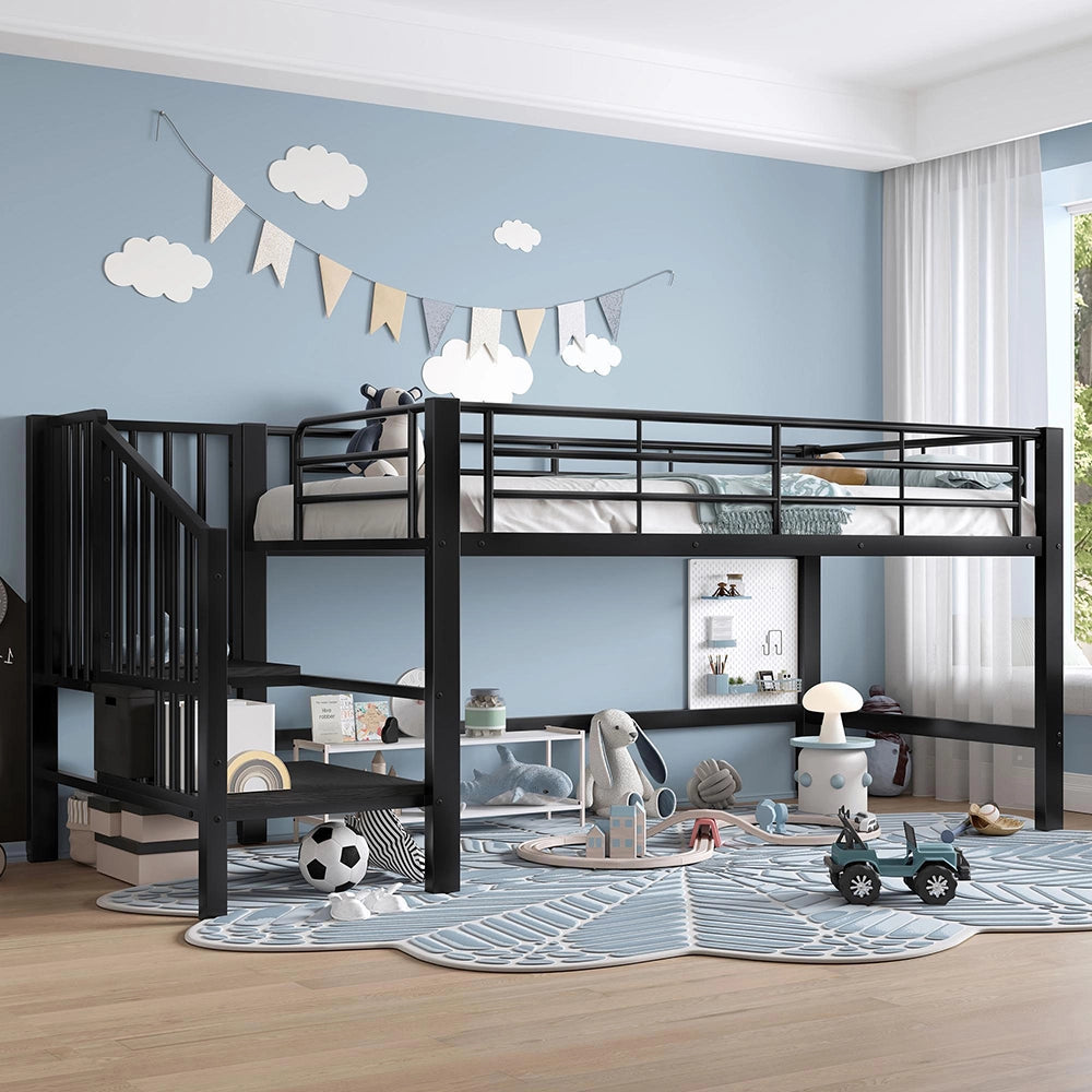 Letto mezzanino 90x200cm - Xylo - scala ripostiglio nero