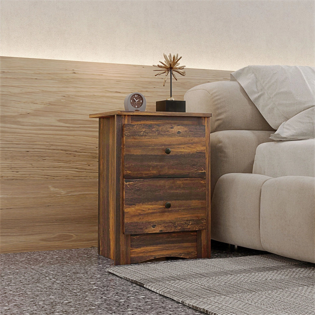 Comodino 2 Cassetti Stile Rustico 40x30x56 cm Marrone