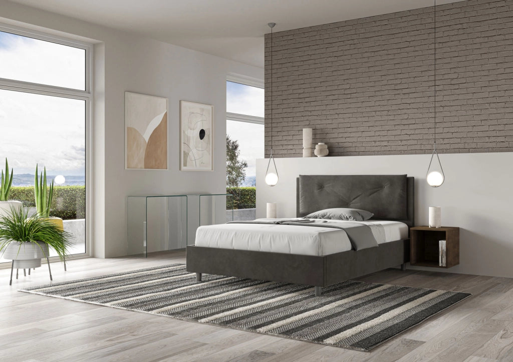 BS COM Letto matrimoniale francese con rete imbottito 140x200 microfibra grigio Large