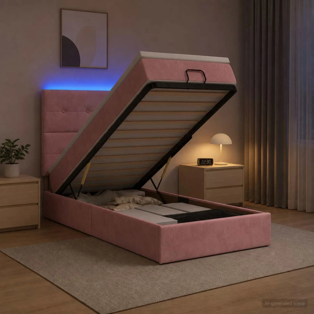 Letto Ottomano con Materasso e LED Rosa 90 x 200 cm Velluto 3458282