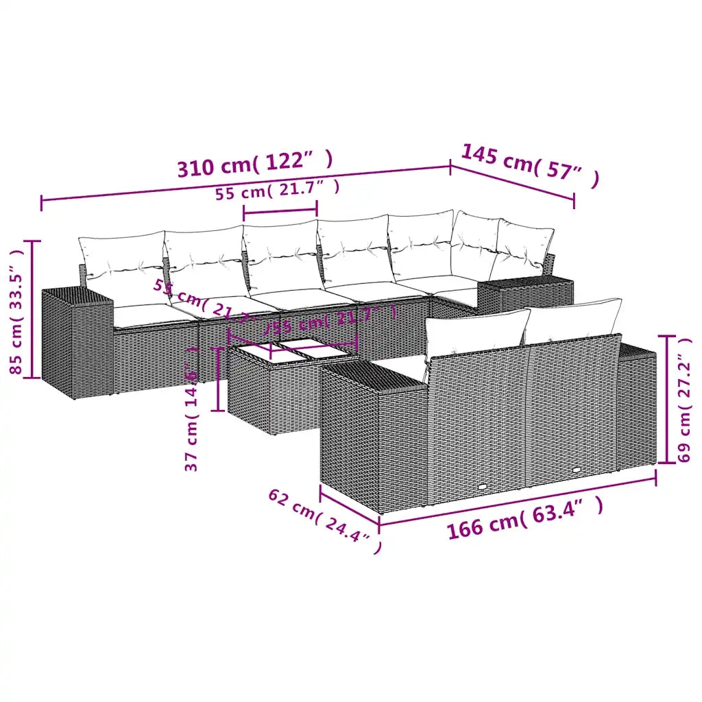 Set Divani da Giardino 9pz con Cuscini Marrone in Polyrattan 3255170