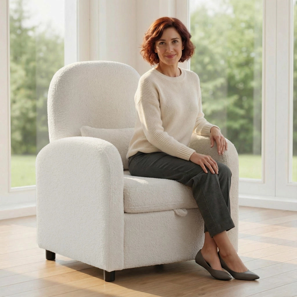 Poltrona Relax Moderna con Contenitore ¨C Xylo ¨C Rivestimento Pile Teddy Crema 76x77x95 cm