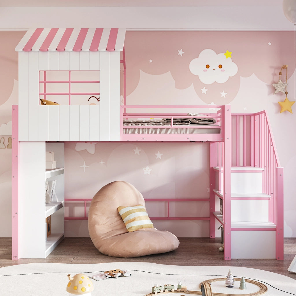 Letto a soppalco 90 × 200 cm con scala contenitore reversibile e scaffale, senza materasso, per bambini, rosa