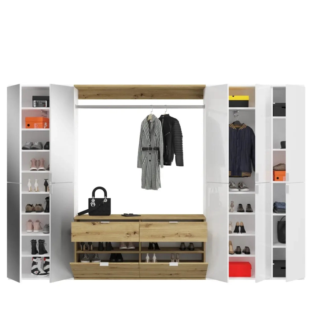 Armadio con 10 porte, 4 specchi, 4 cassetti e un appendiabiti – Bianco e rovere – BODITE