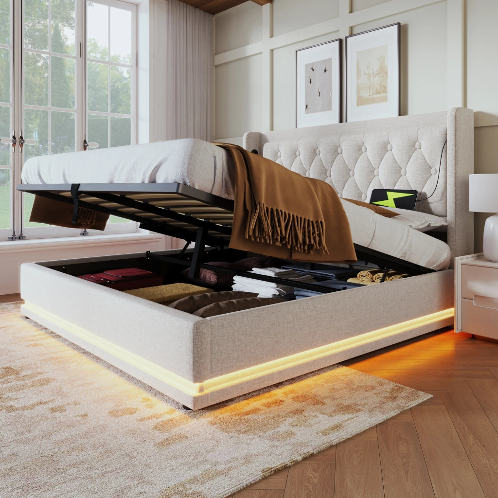LETTO Contenitore 140x200 cm Cotone Beige con USB Type-C e LED
