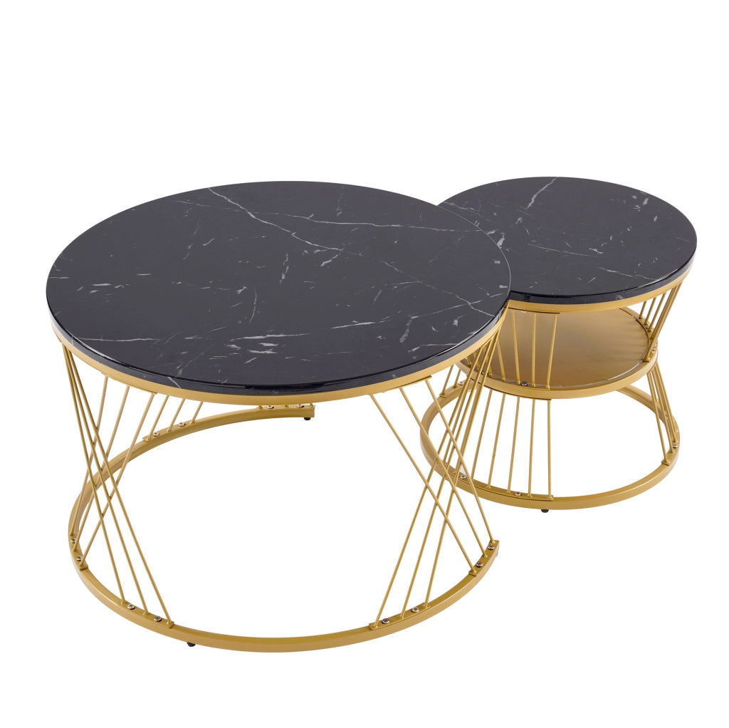 Tavolini da salotto 70x70x47 cm e 45x45x40 cm; set impilabile effetto marmo; MDF nero