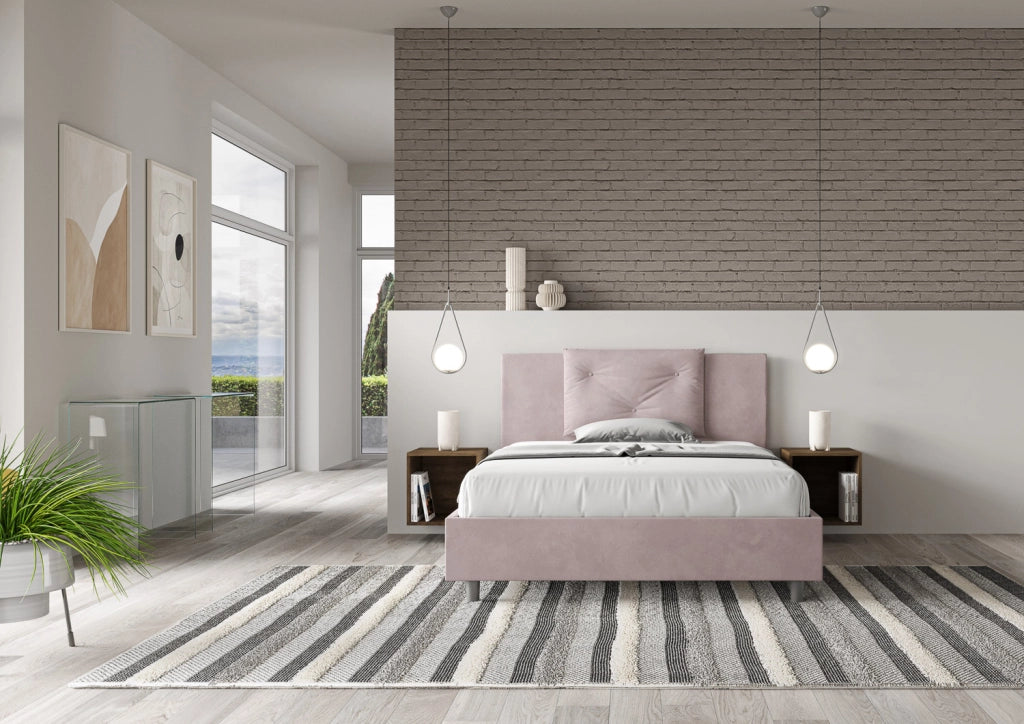 BS COM Letto queen size con rete imbottito 150x190 microfibra glicine