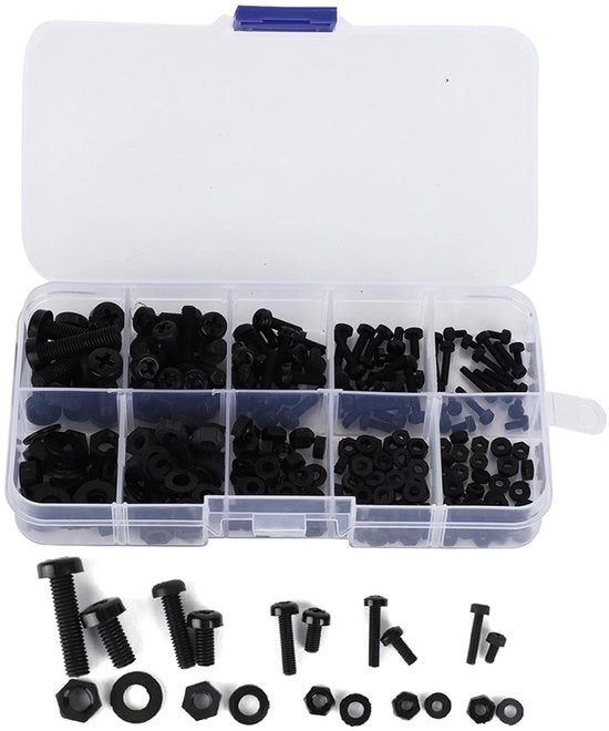 Assortimento a Viti 270-Delicato - Materiali di Attacco in Nylon - M2/M2.5/M3/M4/M5 - Nero - Inclusi Viti/Anelli di Chiave - Idoneo per Lavatrice - Materiale di Attacco