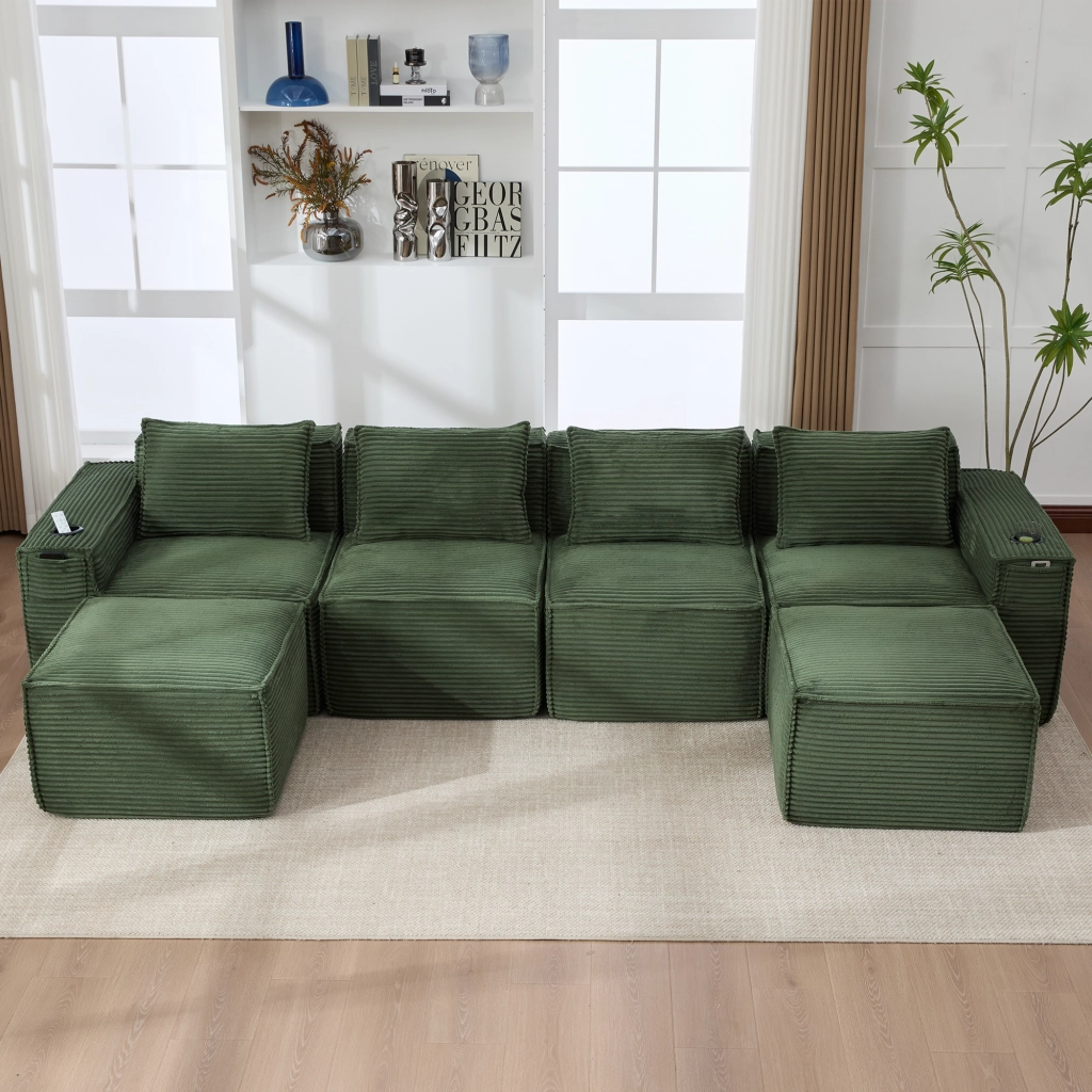 Divano modulare 4 posti con portabicchieri e tasche laterali in velluto a coste verde